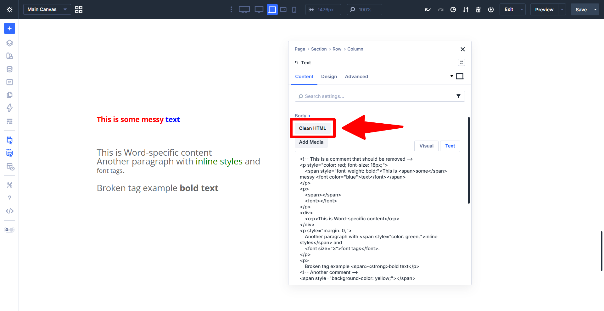 example of the clean html button in the divi builder text areas with divi assistant plugin by pee aye creative