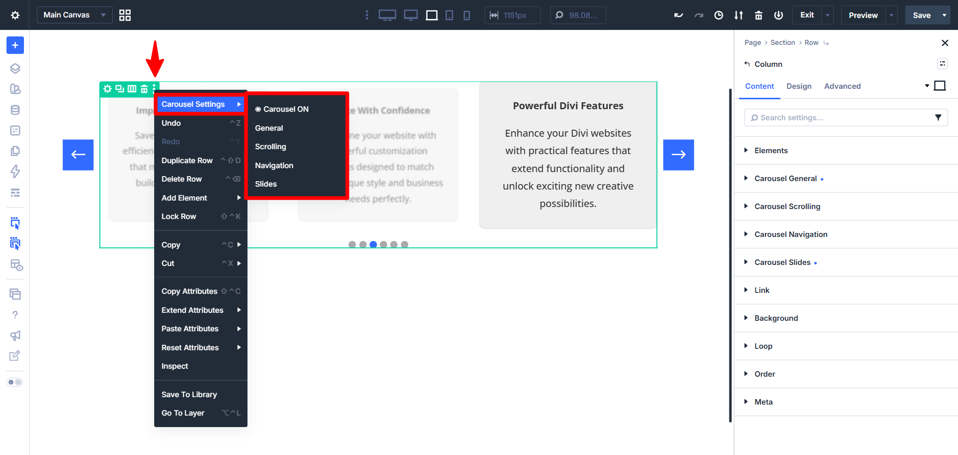access divi carousel settings from the right click menu in divi 5 with the divi carousel maker plugin created by pee aye creative