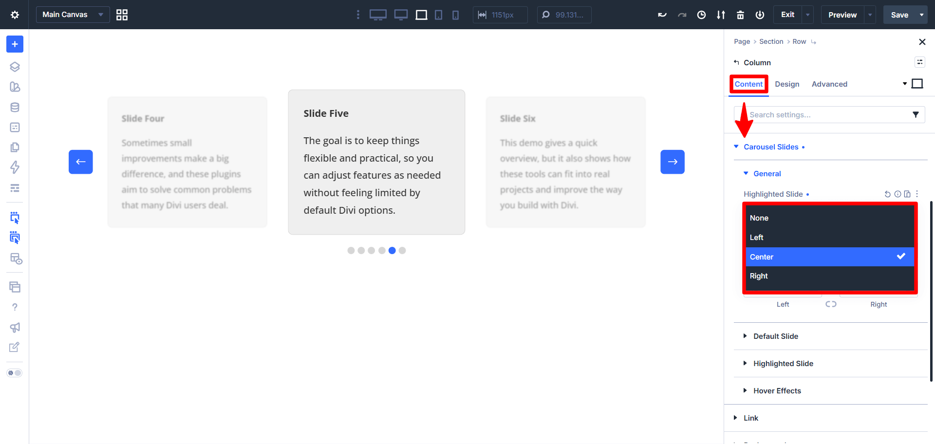 center highlighted slide in divi 5 using the divi carousel maker plugin created by pee aye creative