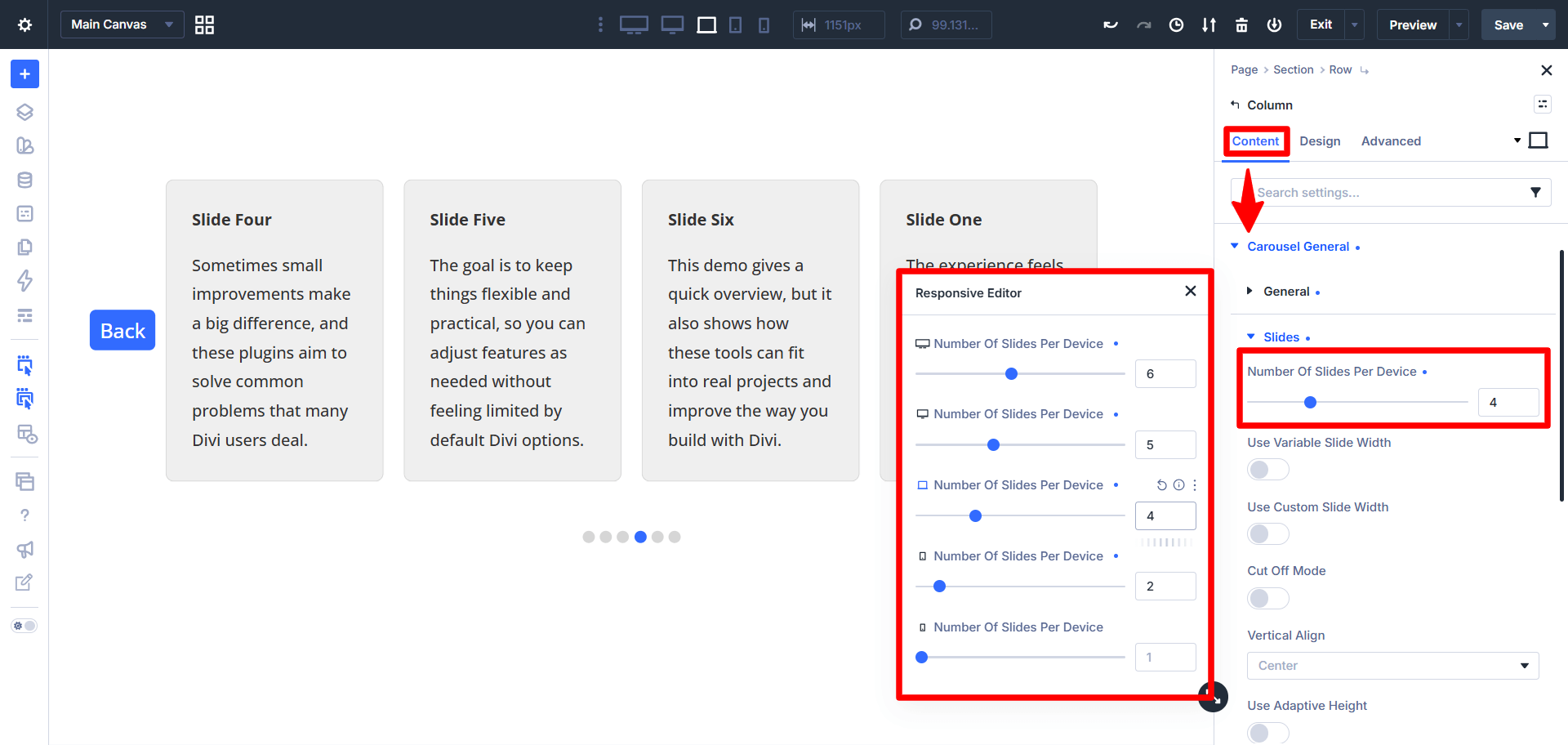 control the number of carousel slides across different devices in divi 5 using the divi carousel maker plugin created by pee aye creative