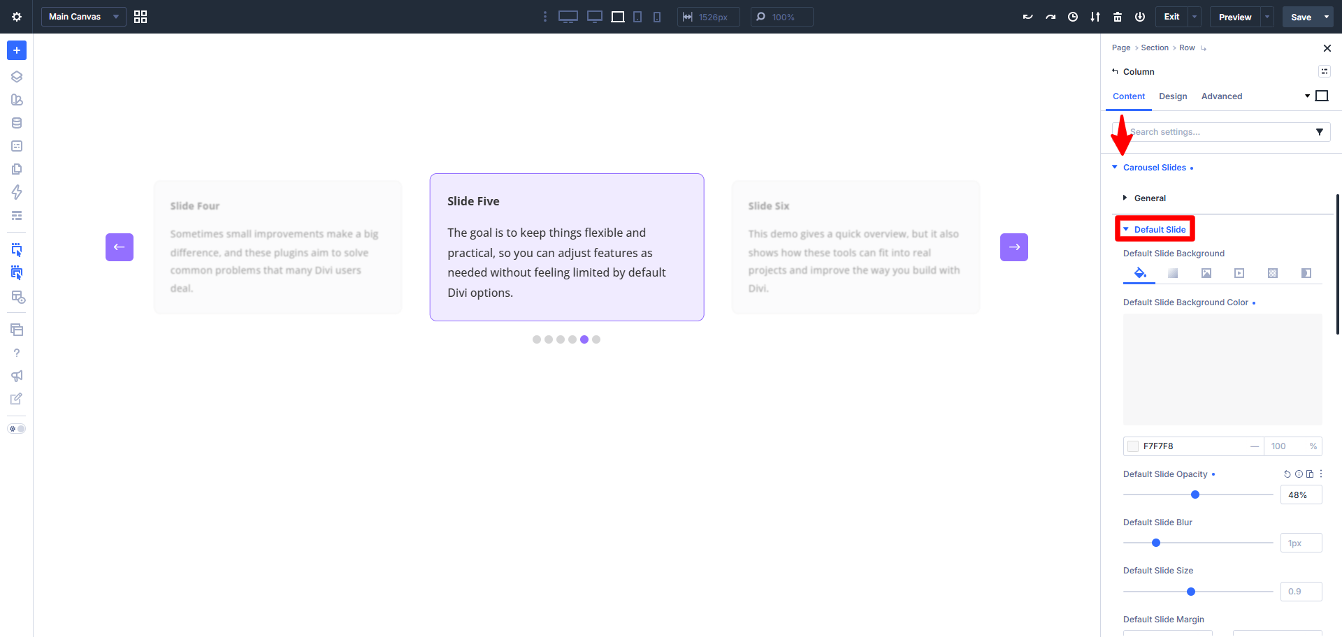 default carousel slide settings in divi 5 using the divi carousel maker plugin created by pee aye creative