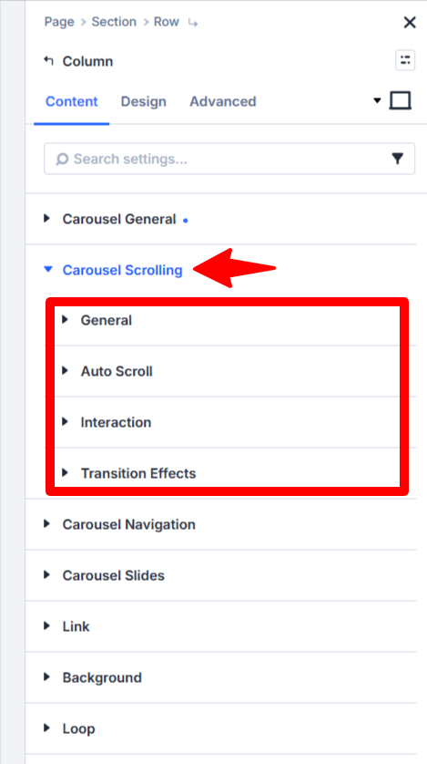 divi carousel settings with sub option groups in divi 5 in the divi carousel maker plugin created by pee aye creative