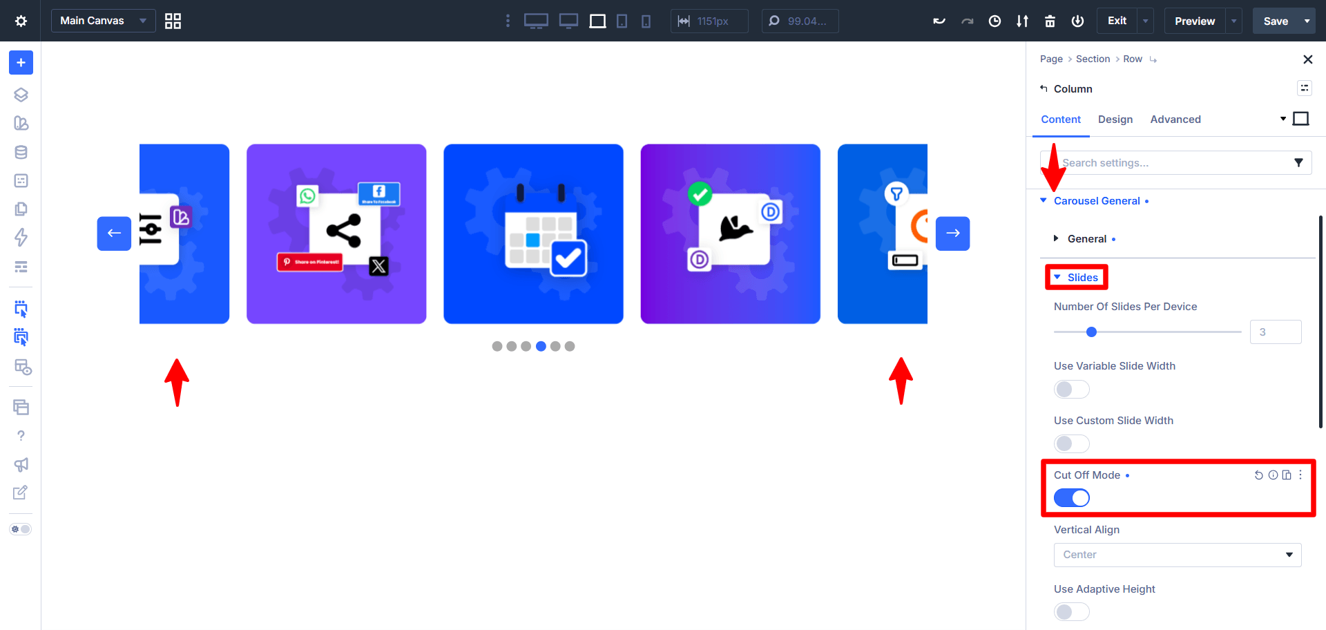 enable cut off mode in the carousel in divi 5 using the divi carousel maker plugin created by pee aye creative