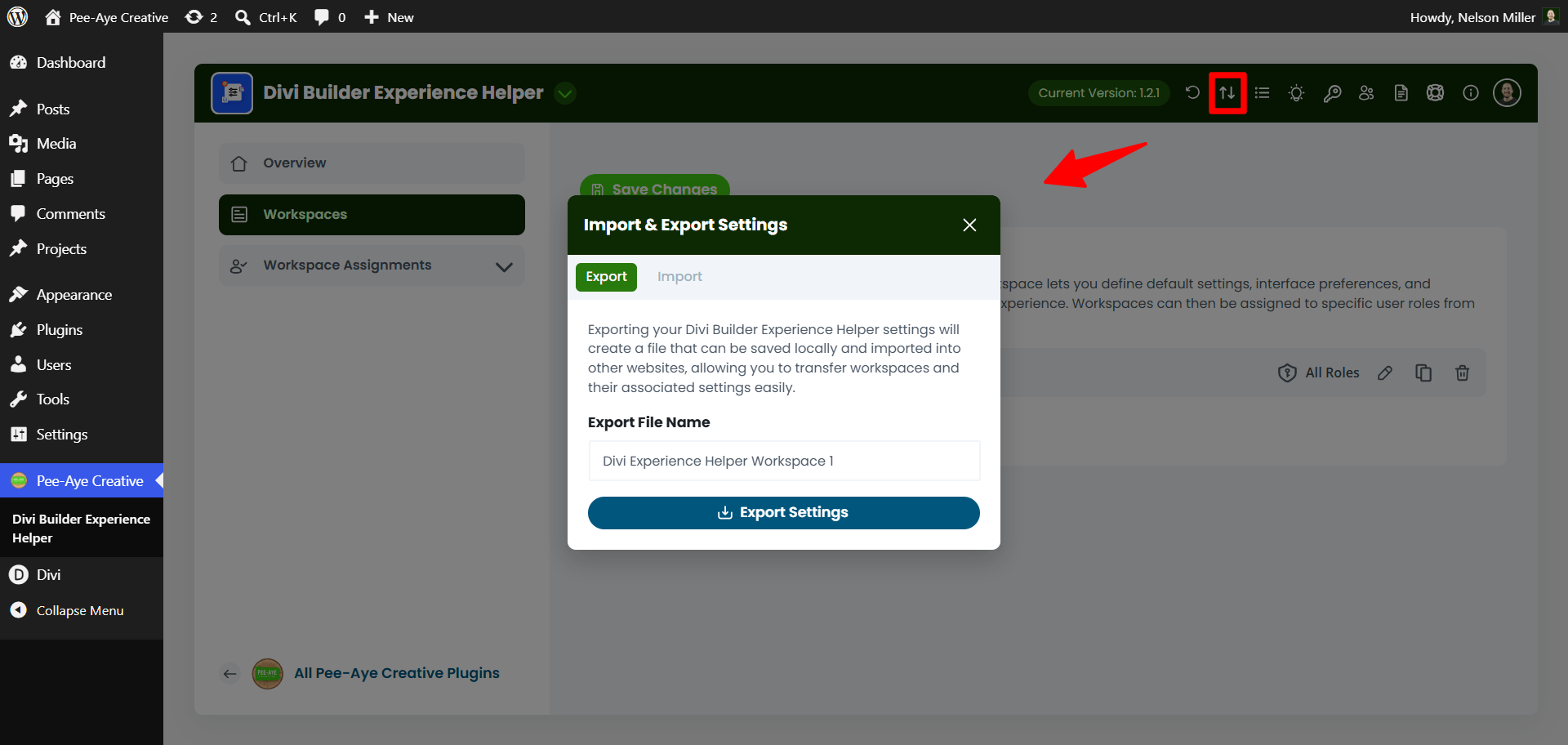 export and import workspaces in the divi builder experience helper plugin