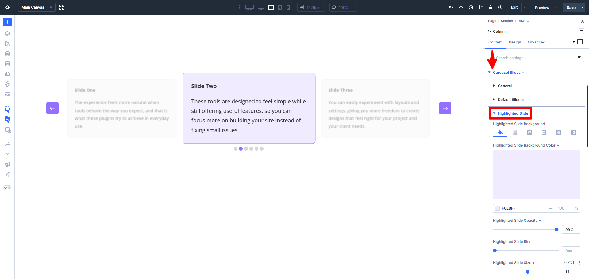 highlighted carousel slide settings in divi 5 using the divi carousel maker plugin created by pee aye creative
