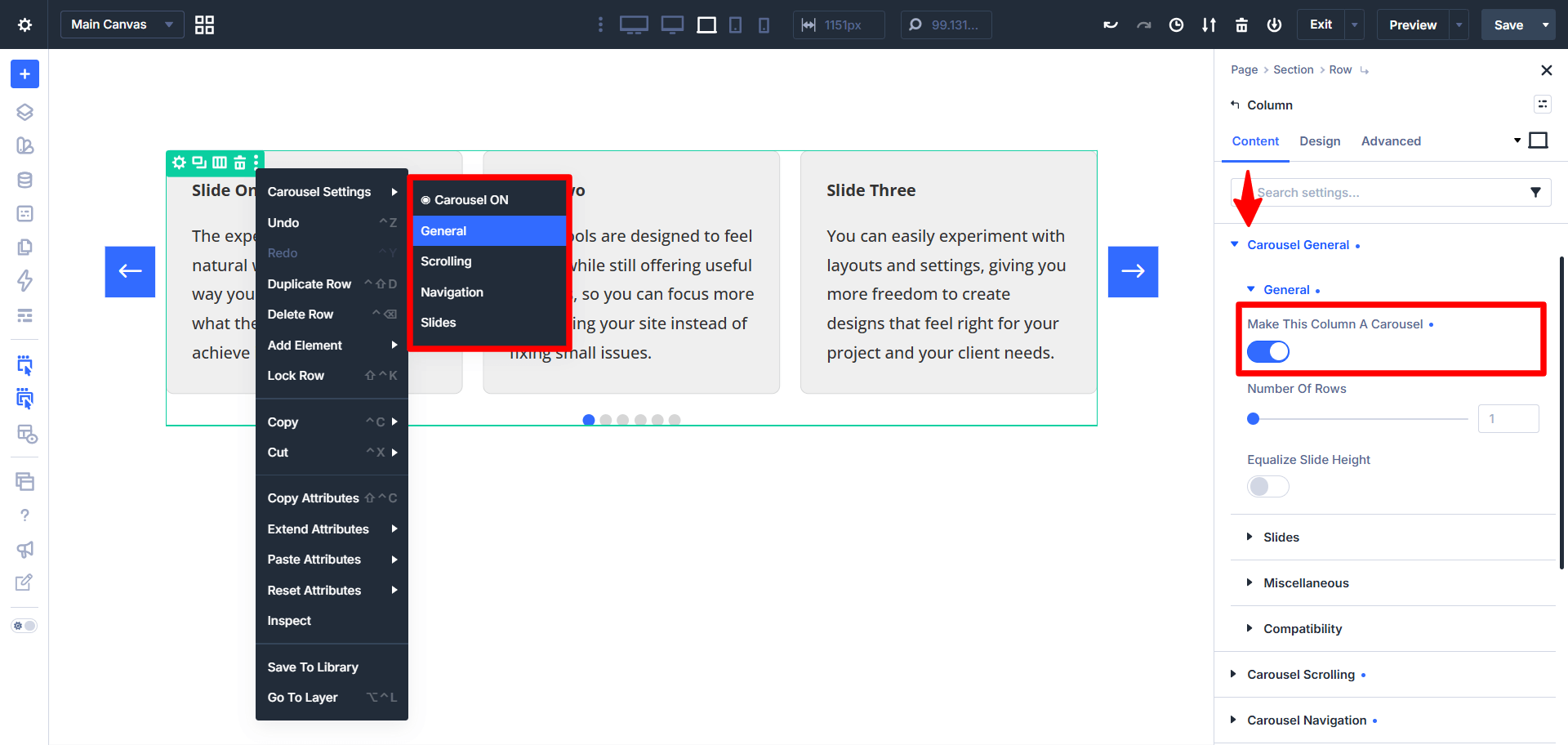make the column a carousel in divi 5 using the divi carousel maker plugin created by pee aye creative