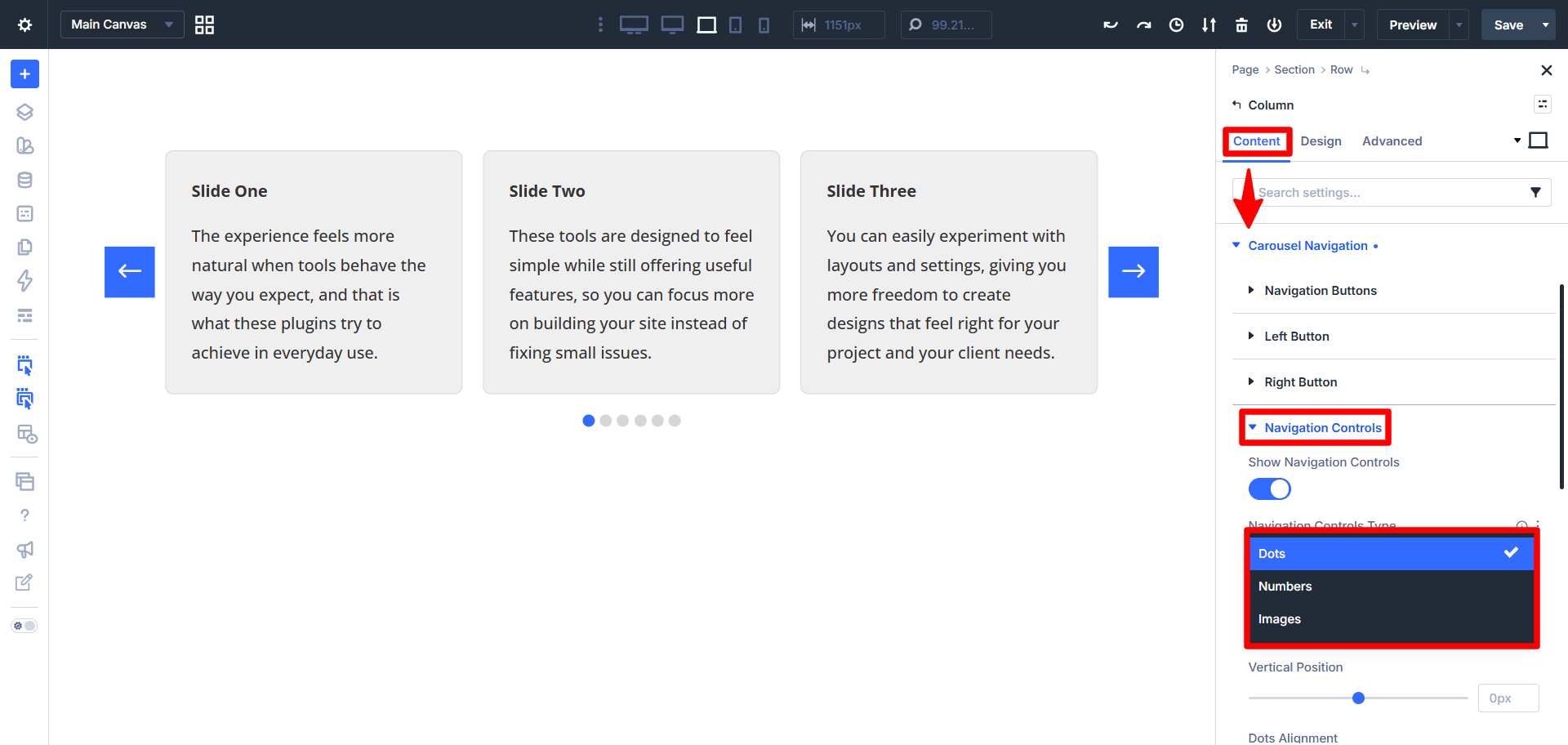 navigation control type in the divi carousel maker plugin created by pee aye creative