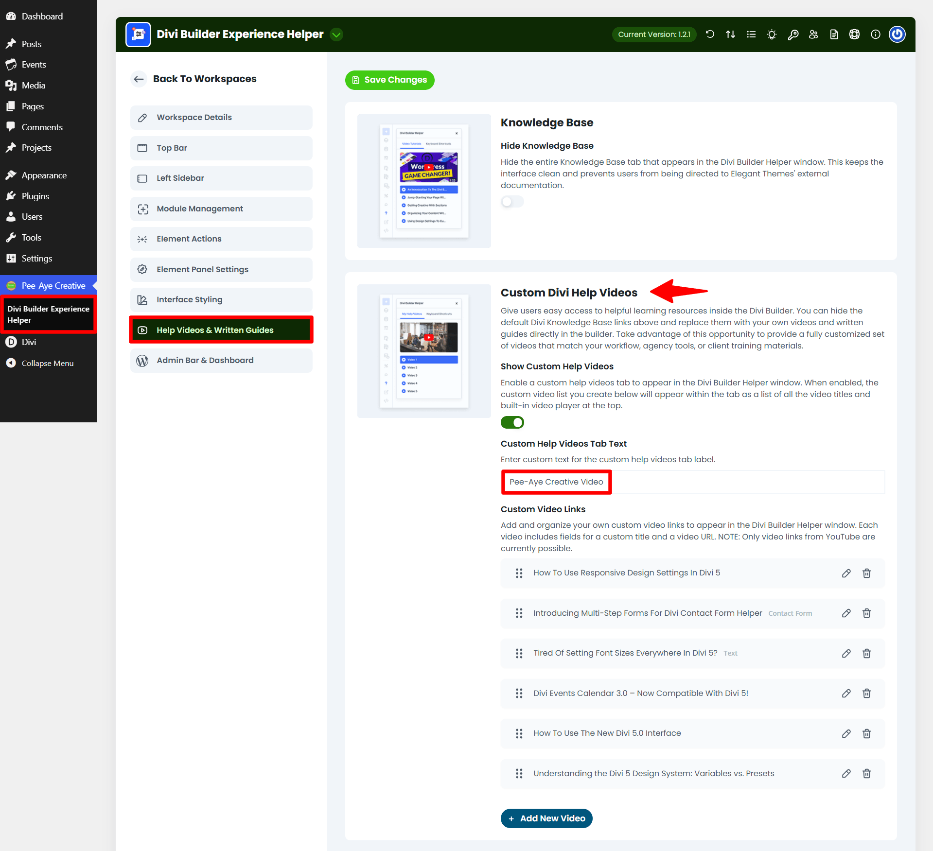 show custom divi help videos in divi 5 using the divi builder experience helper plugin by pee aye creative