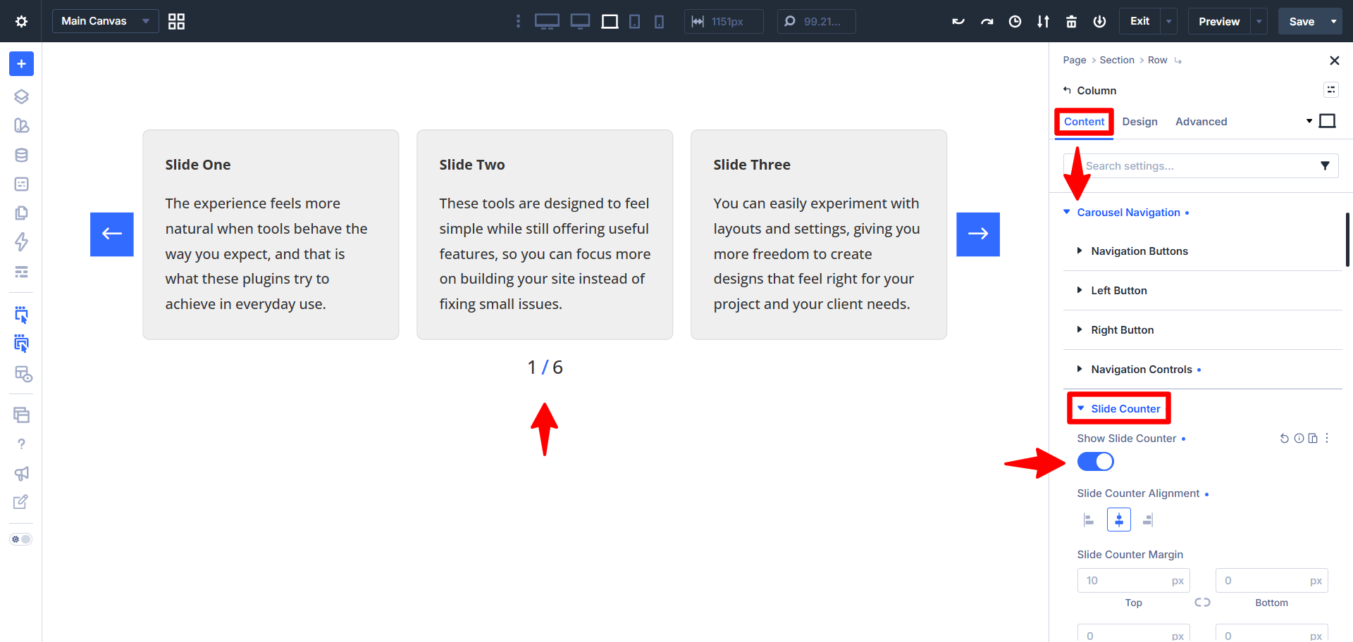 slide counters in the divi carousel maker plugin created by pee aye creative