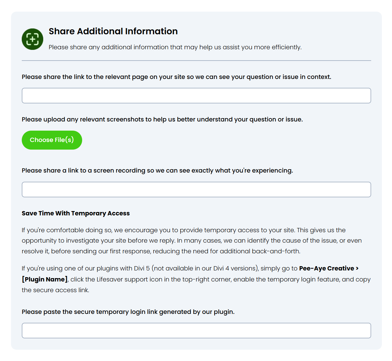 sharing additional information and tempoary access in the pee aye creative support form