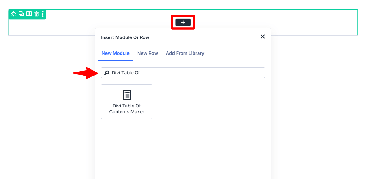 adding the divi table of contents module to your layout in the visual builder in divi 5