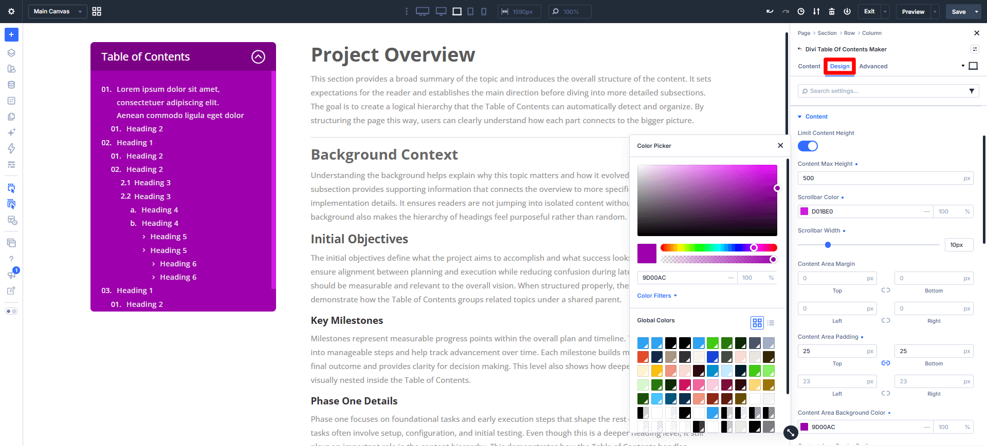 control scrolling color, background, height, and more in divi 5 using the divi table of contents maker plugin created by pee aye creative