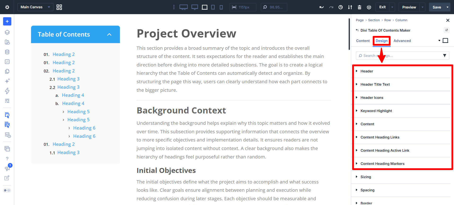 customize the header, links, markers, background, and more in divi 5 using the divi table of contents maker plugin created by pee aye creative