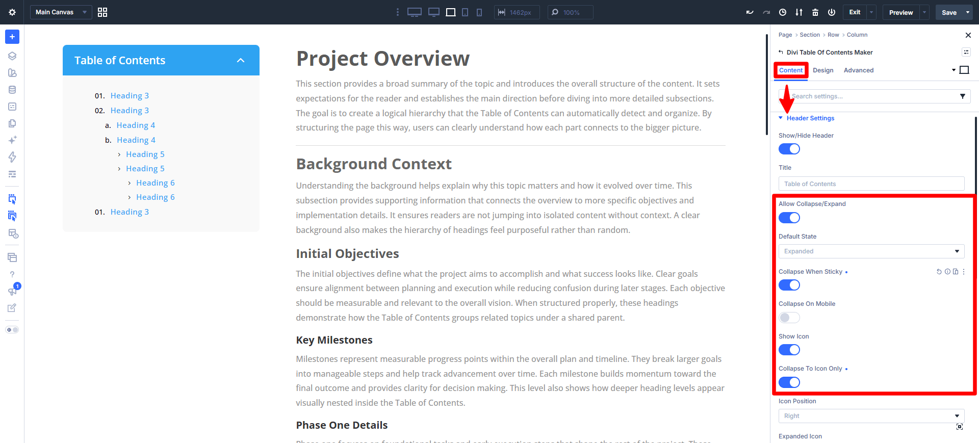 enable the collapse or sticky feature in divi 5 using the divi table of contents maker plugin created by pee aye creative