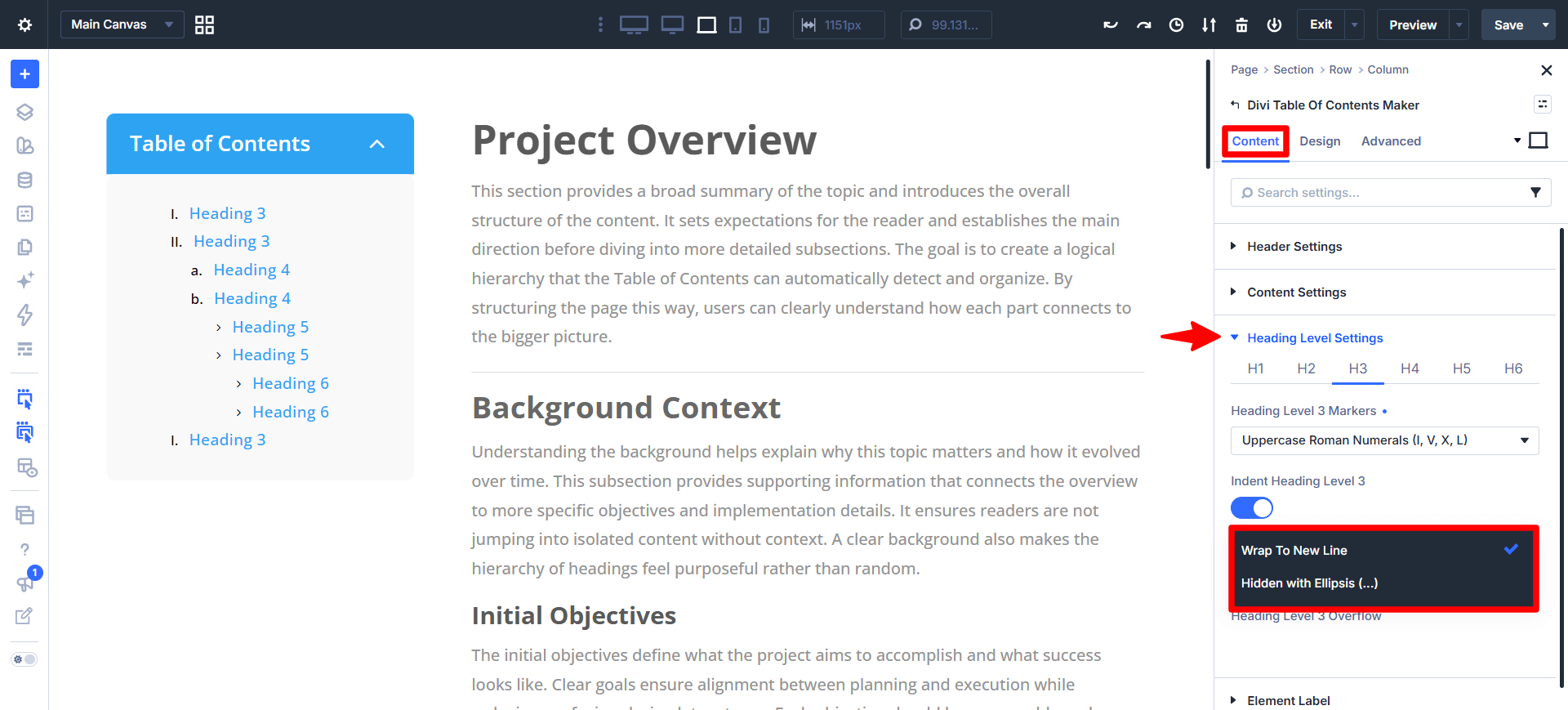 heading level overflow options in the divi table of contents maker plugin created by pee aye creative