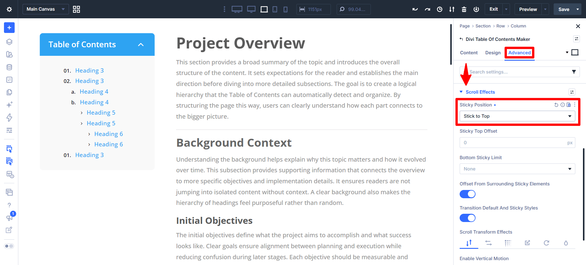 select the sticky feature in the visual builder in divi 5