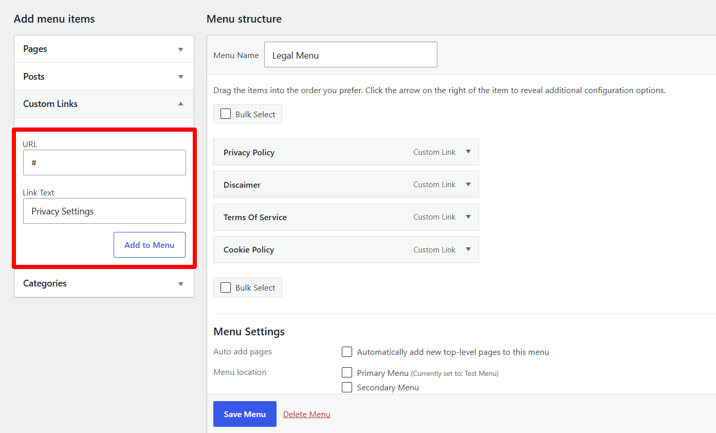 add url and privacy settings link text to wordpress divi menu