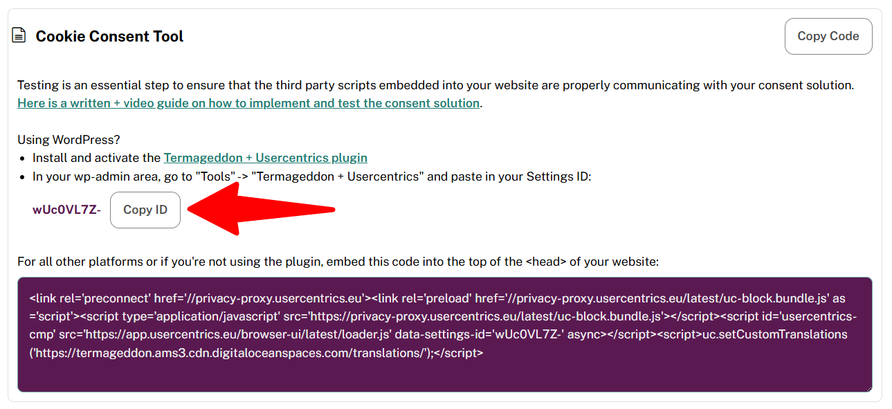 copy the settings id for the cookie consent tool in termageddon